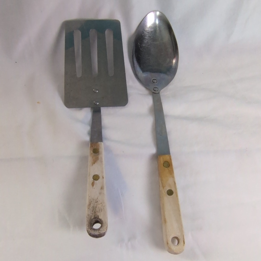 Metal Spatula & Cooking Spoon Set, Silver & Brown, Wooden Handles, 2-Piece